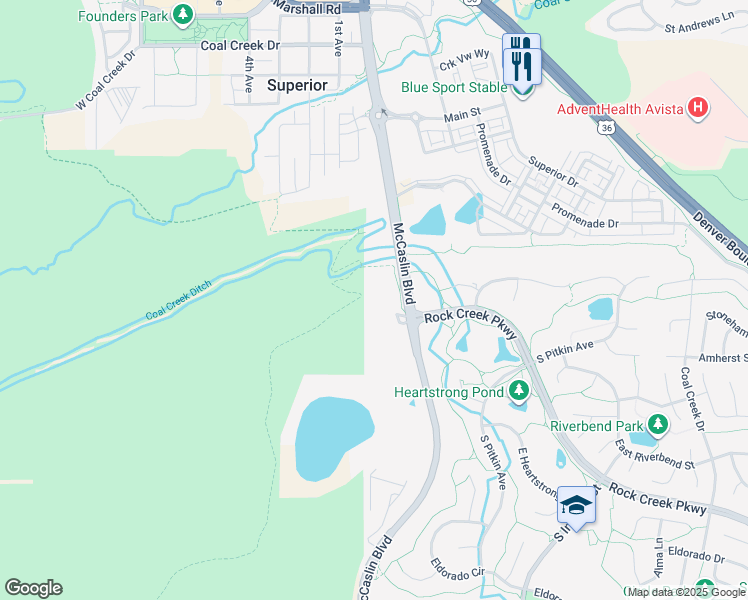 map of restaurants, bars, coffee shops, grocery stores, and more near 1000 McCaslin Boulevard in Superior