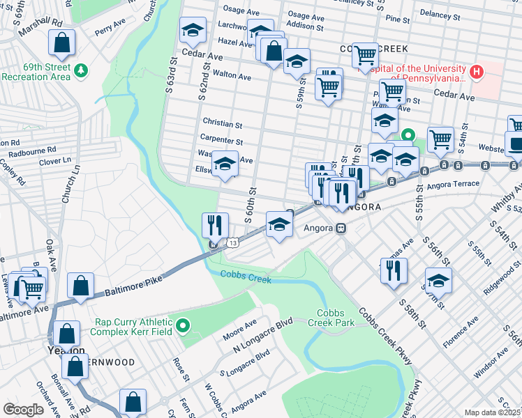 map of restaurants, bars, coffee shops, grocery stores, and more near 5951 Latona Street in Philadelphia