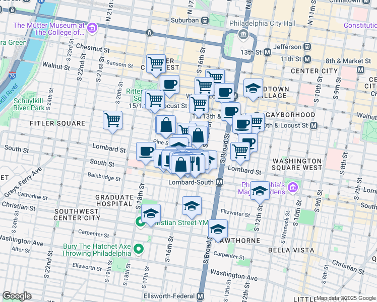 map of restaurants, bars, coffee shops, grocery stores, and more near 1523 Lombard Street in Philadelphia