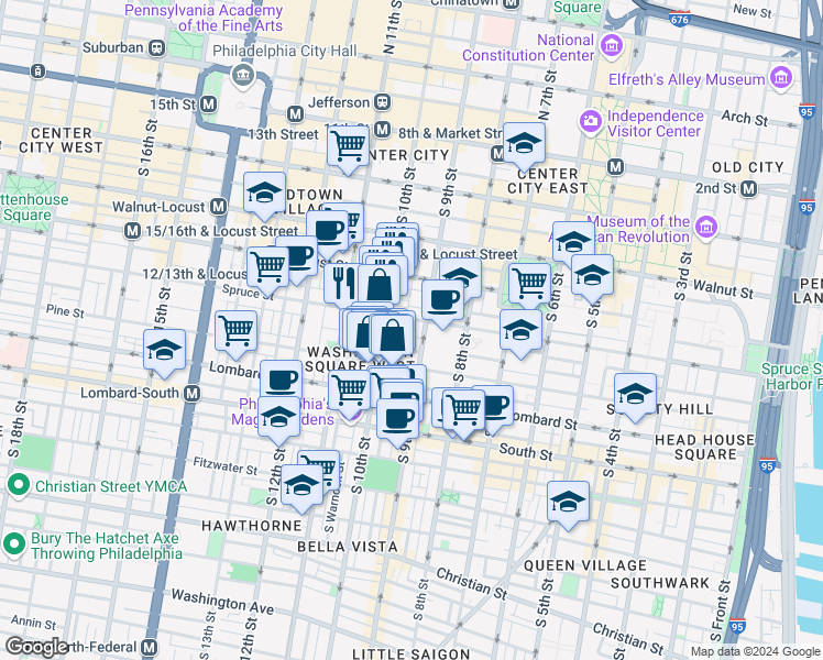 map of restaurants, bars, coffee shops, grocery stores, and more near 908-10 Spruce Street in Philadelphia