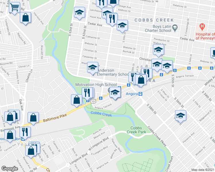 map of restaurants, bars, coffee shops, grocery stores, and more near 5951 Latona Street in Philadelphia