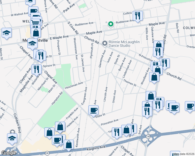 map of restaurants, bars, coffee shops, grocery stores, and more near 308 Monroe Avenue in Cherry Hill