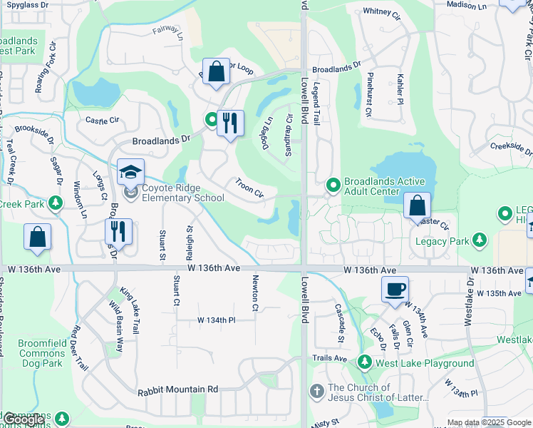 map of restaurants, bars, coffee shops, grocery stores, and more near 13700 Troon Court in Broomfield