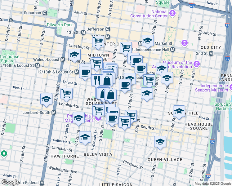 map of restaurants, bars, coffee shops, grocery stores, and more near 908-10 Spruce Street in Philadelphia