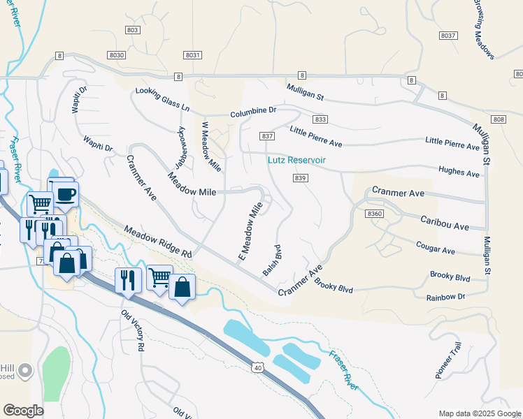 map of restaurants, bars, coffee shops, grocery stores, and more near 56 East Meadow Mile in Fraser