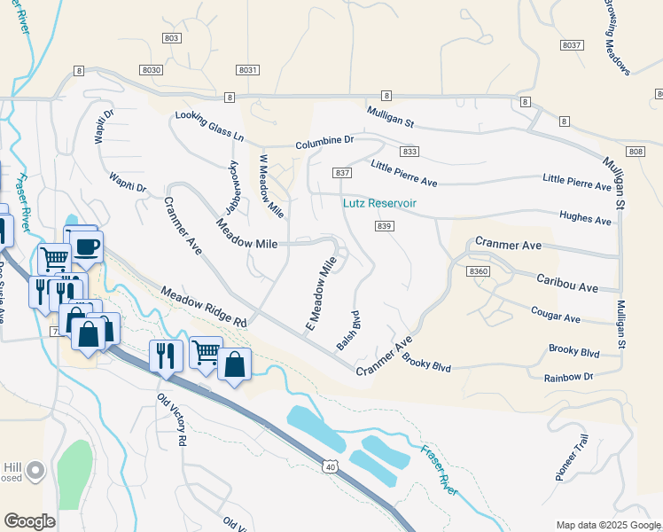 map of restaurants, bars, coffee shops, grocery stores, and more near 56 East Meadow Mile in Fraser