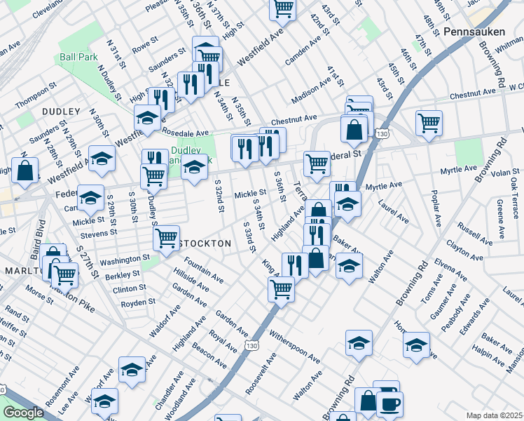 map of restaurants, bars, coffee shops, grocery stores, and more near 232 South 34th Street in Camden