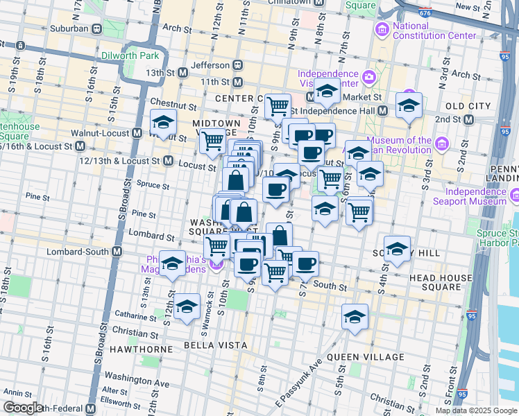 map of restaurants, bars, coffee shops, grocery stores, and more near 801 Pine Street in Philadelphia