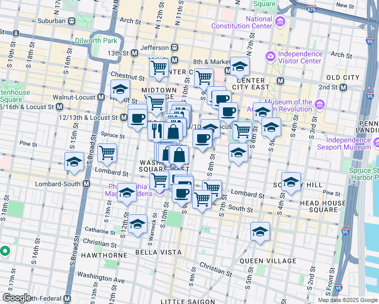 map of restaurants, bars, coffee shops, grocery stores, and more near in Philadelphia