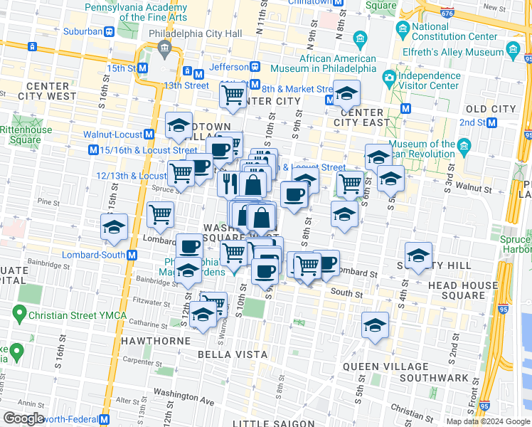 map of restaurants, bars, coffee shops, grocery stores, and more near in Philadelphia