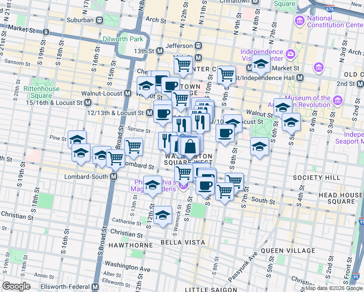 map of restaurants, bars, coffee shops, grocery stores, and more near in Philadelphia