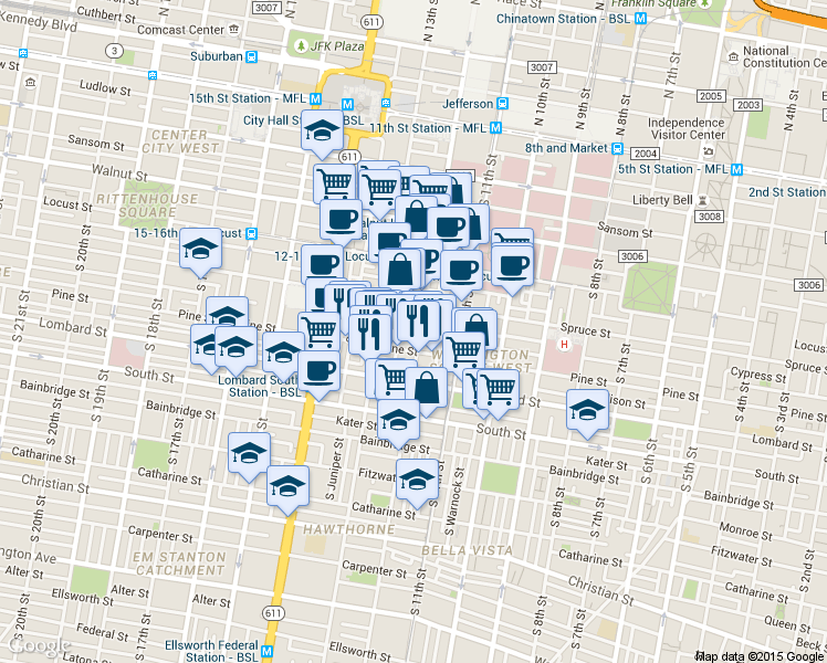 map of restaurants, bars, coffee shops, grocery stores, and more near 1214 Pine Street in Philadelphia