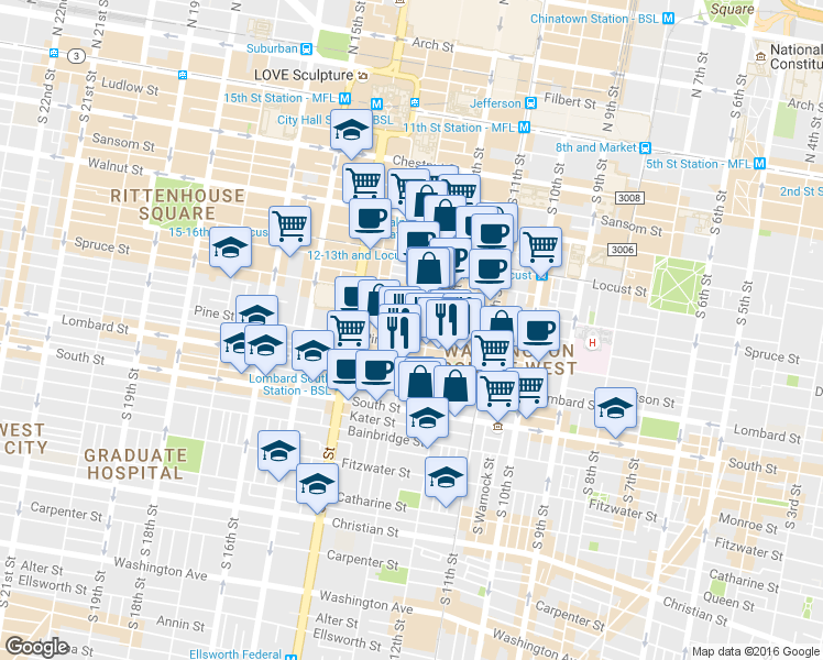map of restaurants, bars, coffee shops, grocery stores, and more near 1214 Pine Street in Philadelphia