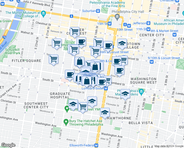 map of restaurants, bars, coffee shops, grocery stores, and more near 1523 Lombard Street in Philadelphia
