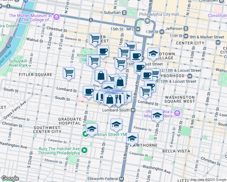 map of restaurants, bars, coffee shops, grocery stores, and more near 1523 Lombard Street in Philadelphia