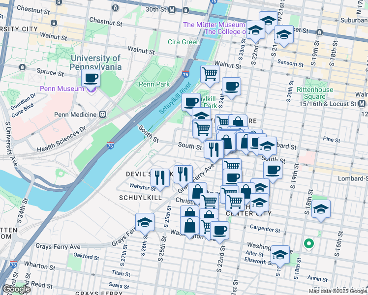 map of restaurants, bars, coffee shops, grocery stores, and more near 617 South Bambrey Street in Philadelphia