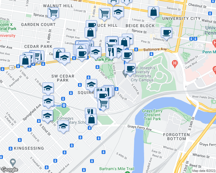 map of restaurants, bars, coffee shops, grocery stores, and more near 1211 South Melville Street in Philadelphia