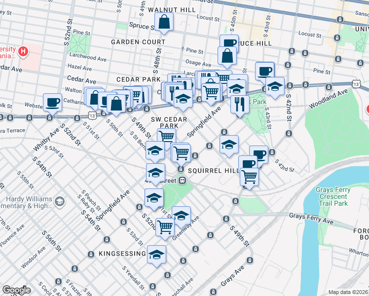 map of restaurants, bars, coffee shops, grocery stores, and more near 4823 Chester Avenue in Philadelphia
