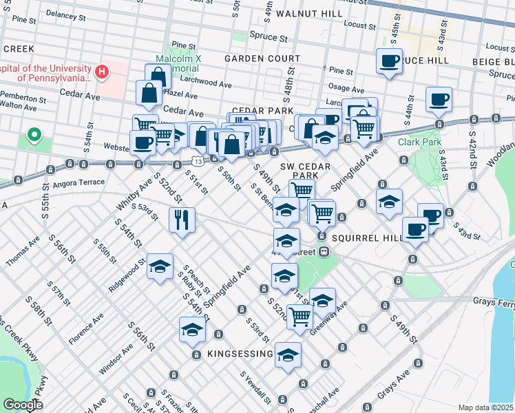 map of restaurants, bars, coffee shops, grocery stores, and more near 5016 Warrington Avenue in Philadelphia
