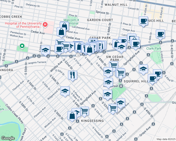 map of restaurants, bars, coffee shops, grocery stores, and more near 923 South 51st Street in Philadelphia
