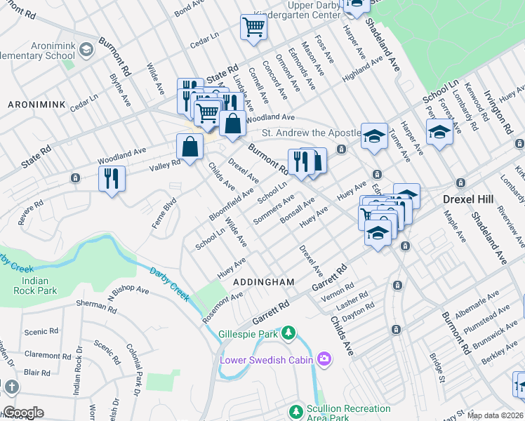 map of restaurants, bars, coffee shops, grocery stores, and more near 4117 Bonsall Avenue in Drexel Hill