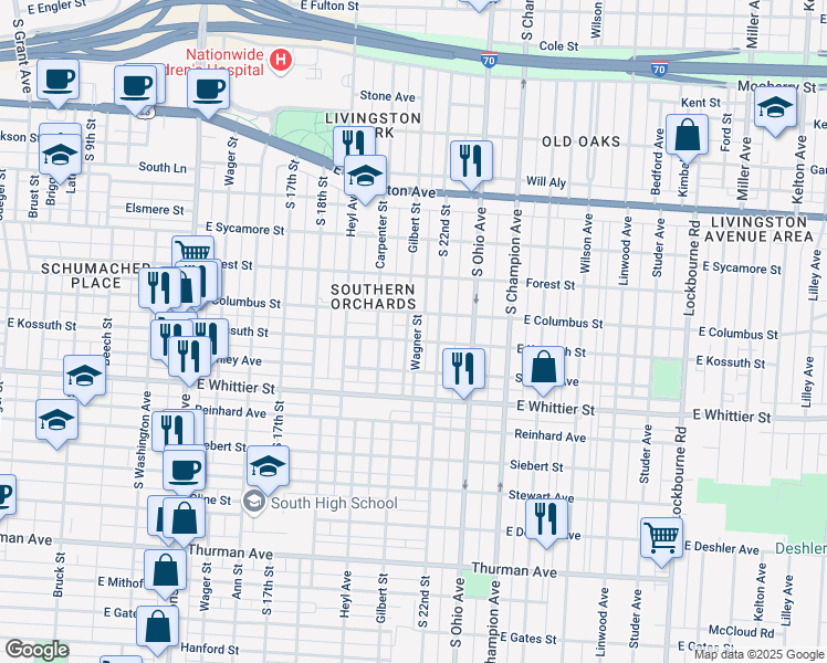 map of restaurants, bars, coffee shops, grocery stores, and more near 954 Gilbert Street in Columbus