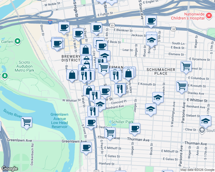 map of restaurants, bars, coffee shops, grocery stores, and more near 849 South 3rd Street in Columbus