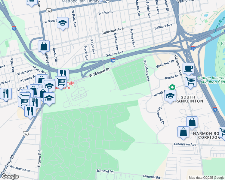 map of restaurants, bars, coffee shops, grocery stores, and more near 1155 West Mound Street in Columbus