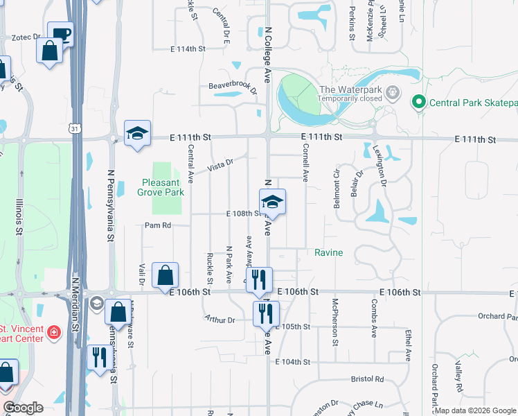 map of restaurants, bars, coffee shops, grocery stores, and more near 10840 North College Avenue in Indianapolis