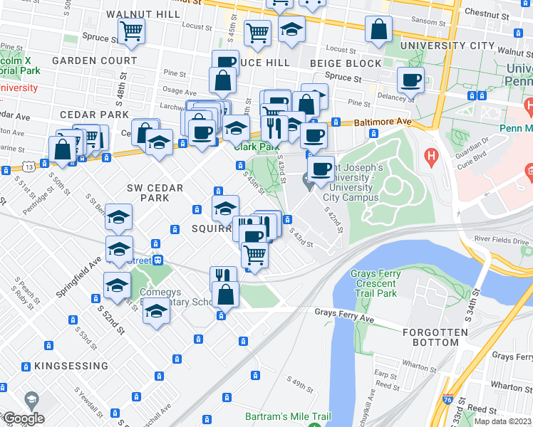 map of restaurants, bars, coffee shops, grocery stores, and more near 1211 South Melville Street in Philadelphia
