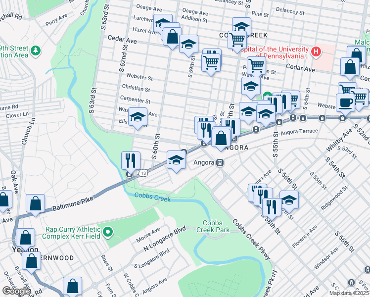 map of restaurants, bars, coffee shops, grocery stores, and more near 5800 Cobbs Creek Pkwy in Philadelphia