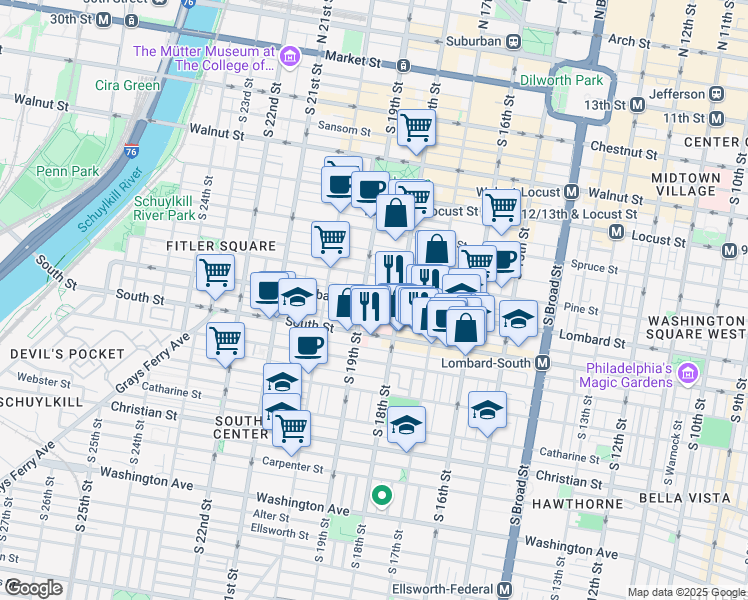 map of restaurants, bars, coffee shops, grocery stores, and more near 1833 Lombard Street in Philadelphia