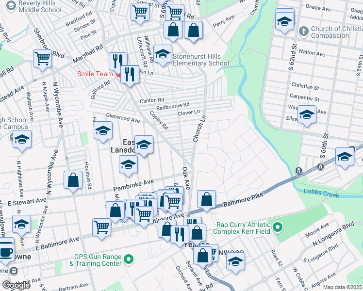 map of restaurants, bars, coffee shops, grocery stores, and more near 7106 Emerson Avenue in Upper Darby