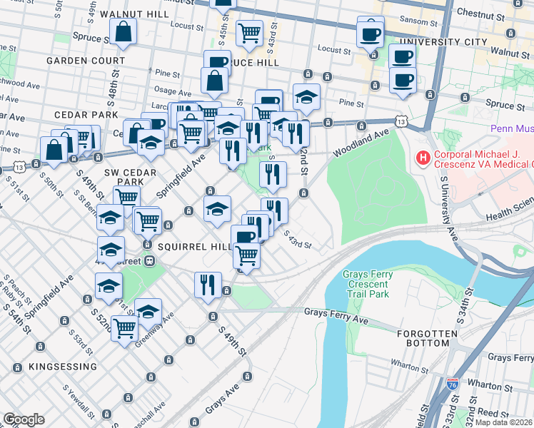 map of restaurants, bars, coffee shops, grocery stores, and more near 1240 South 45th Street in Philadelphia
