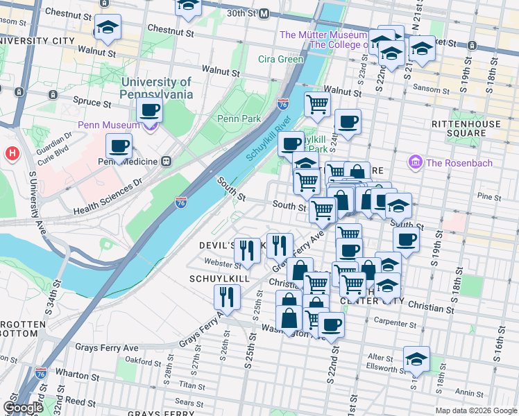 map of restaurants, bars, coffee shops, grocery stores, and more near 2639 Bainbridge Street in Philadelphia