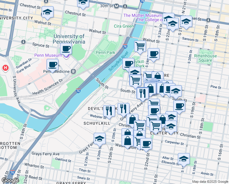 map of restaurants, bars, coffee shops, grocery stores, and more near 2700-14 South Street in Philadelphia