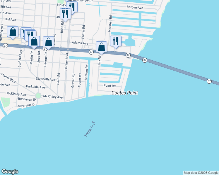map of restaurants, bars, coffee shops, grocery stores, and more near 53 Bay Shore Drive in Toms River