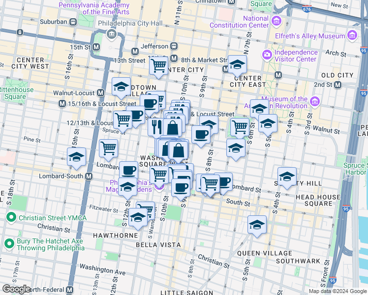 map of restaurants, bars, coffee shops, grocery stores, and more near 914 Spruce Street in Philadelphia