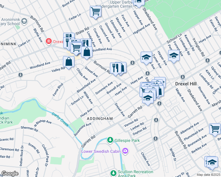 map of restaurants, bars, coffee shops, grocery stores, and more near 4027 Bonsall Avenue in Drexel Hill