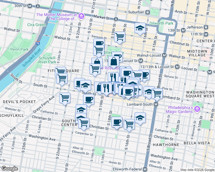 map of restaurants, bars, coffee shops, grocery stores, and more near 1833 Lombard Street in Philadelphia