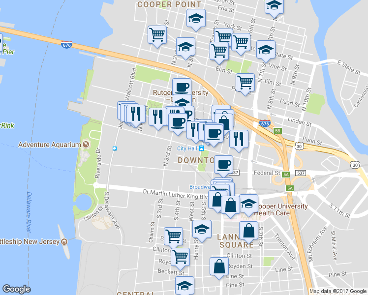 map of restaurants, bars, coffee shops, grocery stores, and more near 330 Market Street in Camden