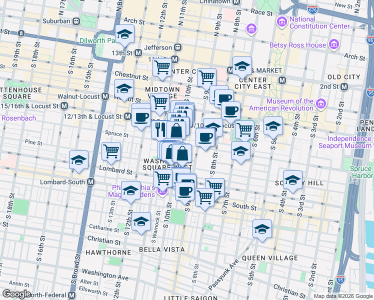 map of restaurants, bars, coffee shops, grocery stores, and more near in Philadelphia