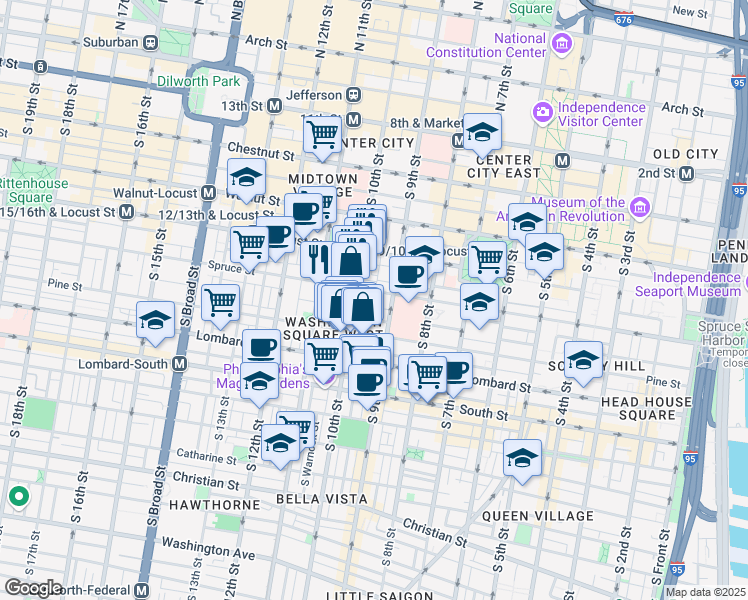 map of restaurants, bars, coffee shops, grocery stores, and more near 914 Spruce Street in Philadelphia