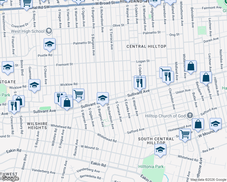 map of restaurants, bars, coffee shops, grocery stores, and more near 461 South Terrace Avenue in Columbus
