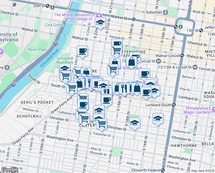 map of restaurants, bars, coffee shops, grocery stores, and more near 2007a South Street in Philadelphia