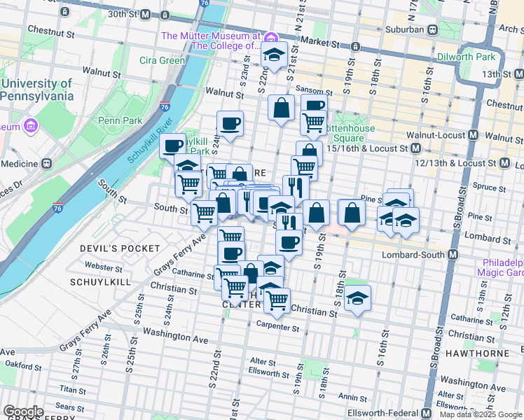 map of restaurants, bars, coffee shops, grocery stores, and more near 2105 Naudain Street in Philadelphia