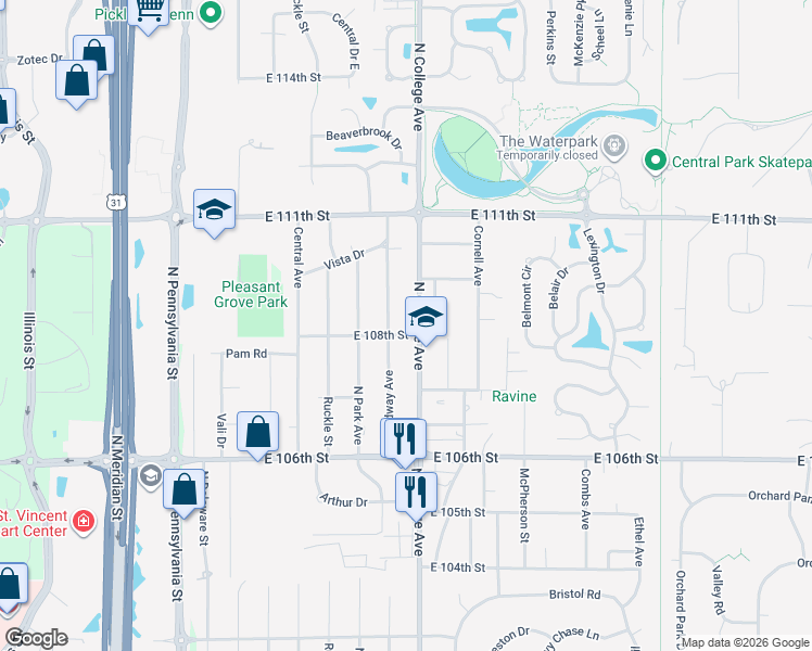 map of restaurants, bars, coffee shops, grocery stores, and more near 10840 North College Avenue in Indianapolis