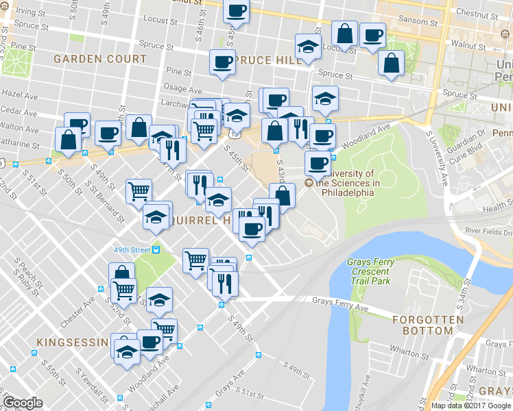 map of restaurants, bars, coffee shops, grocery stores, and more near 1226 South Melville Street in Philadelphia