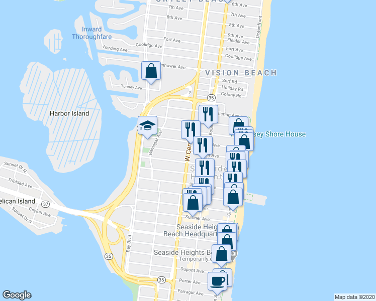 map of restaurants, bars, coffee shops, grocery stores, and more near 202 Fremont Avenue in Seaside Heights