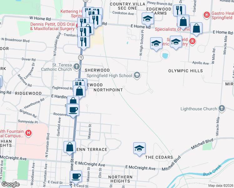 map of restaurants, bars, coffee shops, grocery stores, and more near 1701 Northpoint Road in Springfield